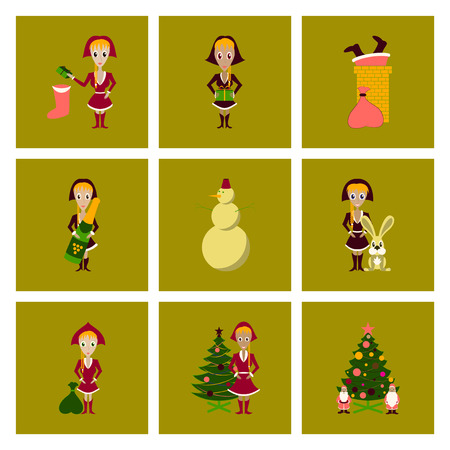assembly flat illustration Christmas girl snowman Tree gift boxのイラスト素材