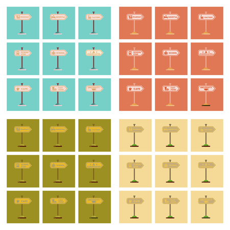 assembly flat icons University kindergarten school fast food stop pharmacy cafe hospital signのイラスト素材