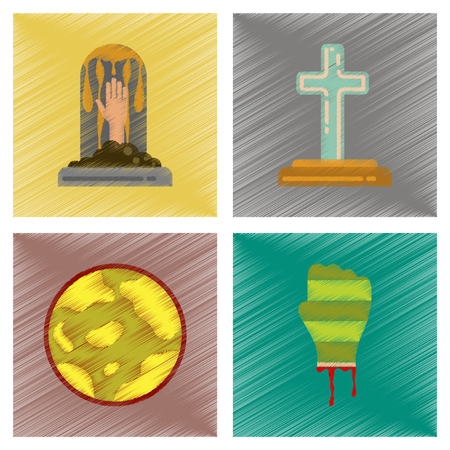 assembly flat shading style icons halloween zombie hand grave full moonのイラスト素材