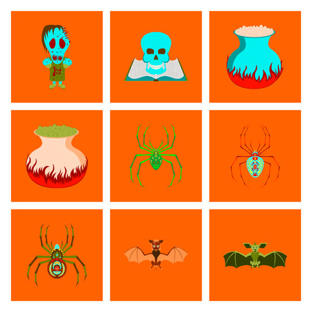 assembly flat illustration halloween monster spider book skull cauldron batのイラスト素材