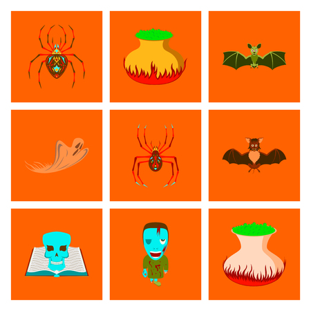 assembly flat illustration cute bat spider book skull ghost cauldron zombie menのイラスト素材