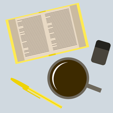 Workplace Desk book and a cup of coffee Top Angle View Flat Vector Illustrationのイラスト素材