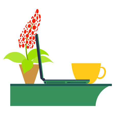 Workplace Desk with computer, plant, coffee.のイラスト素材