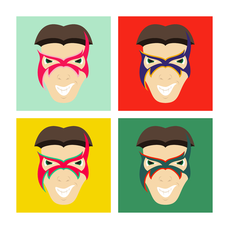 Set of Superhero in Action. Superhero character . Icon in flat styleのイラスト素材