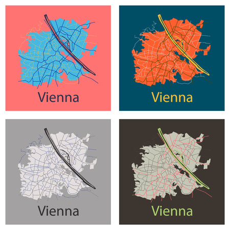 Set of Flat map of the city of Vienna, Austriaのイラスト素材
