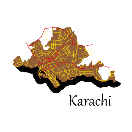Karachi, Pakistan, colorful flat map. streets, railways and water. Bright colored landmark shapes. Art print pattern.のイラスト素材