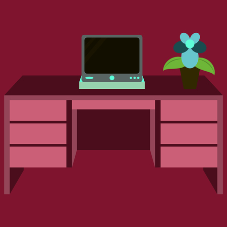 Workplace Desk computer plant Top Angle View Flat Vector Illustrationのイラスト素材