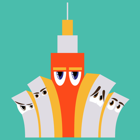 Downtown skyscrapers with skyline reflections on shiny glass facades. Modern flat style vector illustration isolated on white background.のイラスト素材