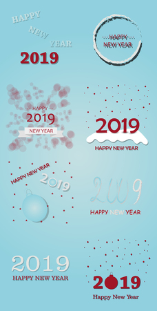 Happy New Year 2019 typographic emblems set. Vector logo, text design. Usable for banners, greeting cards, gifts etc.のイラスト素材