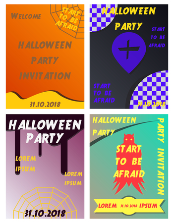 Set of Halloween Concepts. Vector Illustration. Pumpkin and Spider Web, Witch Hat and Cauldron, Skull and Bones, Night Party. Trick or Treat.のイラスト素材