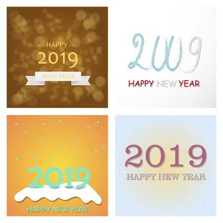 Set of Happy New Year 2019 text design. Vector greeting illustration with golden numbers and snowflakeのイラスト素材
