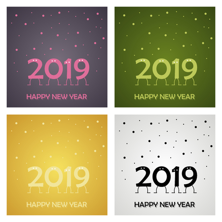 Set of Happy New Year 2019 text design. Vector greeting illustration with numbers and snowflakeのイラスト素材