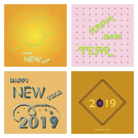 Set of Happy New Year 2019 text design. Vector greeting illustration with numbers and snowflakeのイラスト素材