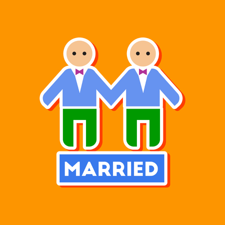 paper sticker on stylish background of gays newlyweds weddingの写真素材