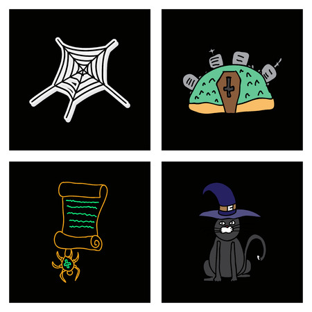 Vector collection of Halloween flat celebration cards, flayers with funny , traditional halloween elements and spooky party symbols isolated on colored background. Banner, poster designのイラスト素材