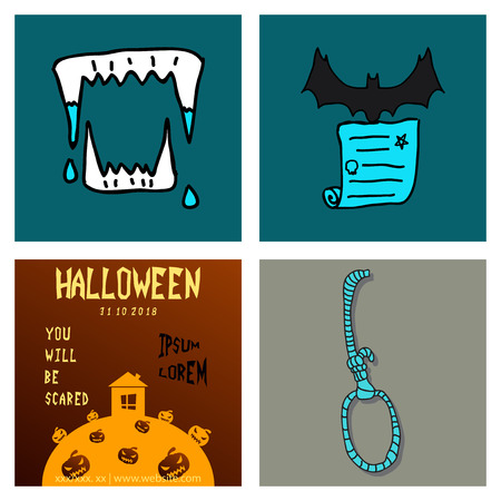 Vector collection of Halloween flat celebration cards, flayers with funny , traditional halloween elements and spooky party symbols isolated on colored background. Banner, poster designのイラスト素材