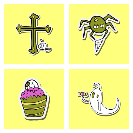 Vector collection of Halloween flat celebration cards, flayers with funny , traditional halloween elements and spooky party symbols isolated on colored background. Banner, poster designのイラスト素材