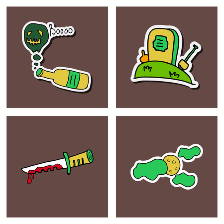 Vector collection of Halloween flat celebration cards, flayers with funny , traditional halloween elements and spooky party symbols isolated on colored background. Banner, poster designのイラスト素材