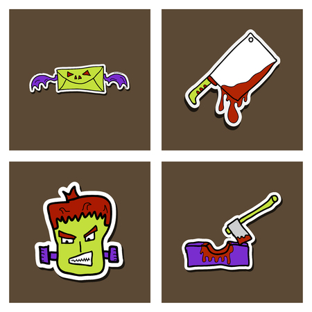 Vector collection of Halloween flat celebration cards, flayers with funny , traditional halloween elements and spooky party symbols isolated on colored background. Banner, poster designのイラスト素材