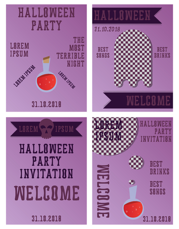 Set of Halloween Concepts. Vector Illustration. Pumpkin and Spider Web, Witch Hat and Cauldron, Skull and Bones, Night Party. Trick or Treat.のイラスト素材