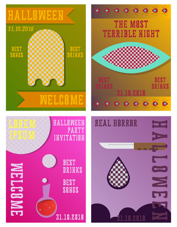 Set of Halloween Concepts. Vector Illustration. Pumpkin and Spider Web, Witch Hat and Cauldron, Skull and Bones, Night Party. Trick or Treat.のイラスト素材