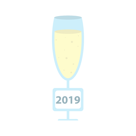 Happy New Year 2019. A glass of champagne color. Wineglass sketch greeting cardのイラスト素材