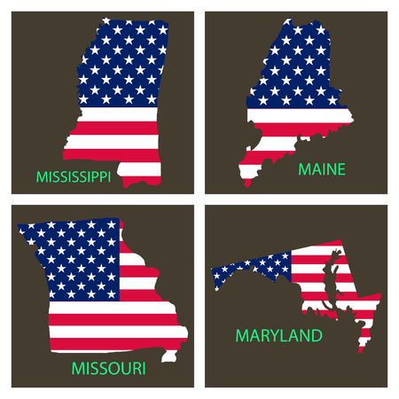 Poster map of United States of America with state names. Flag print map of USA for geographic themes. Hand-drawn map with states.のイラスト素材