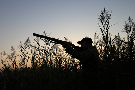 Silhouette of the hunter on a background of a morning dawnの写真素材