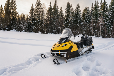 Snowmobile in forest on a snow-covered meadowの写真素材