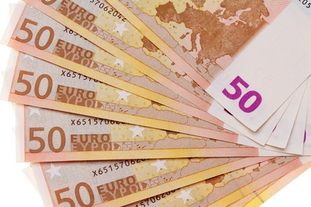 Closeup of 50 euro notes.