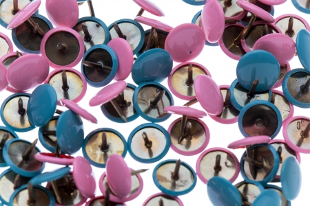Pile of blue and pink tumbtacksの写真素材