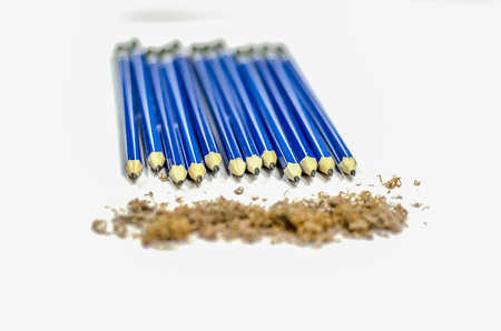 Close up a lot of blue pencils on white back groundの写真素材