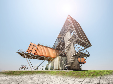 A 3ds render image of office building transform from wire mesh to real image