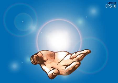 Hands and flare on blue backgroundのイラスト素材