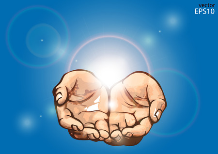 Hands and flare on blue backgroundのイラスト素材