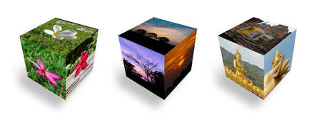 A cubic which have 3 pictures of sunsetの写真素材