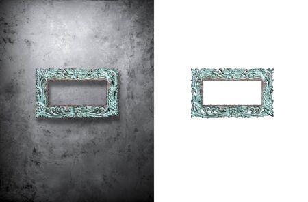 An image of a lot of wooden photo frame on concrete wall and isolated on white backgroundの写真素材