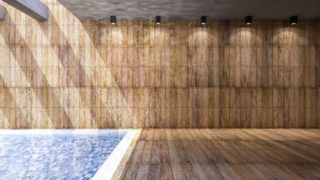 Illustration 3ds rendered, Room interior with wooden wall and floor which have reflection from water in the pool on ceilingの写真素材