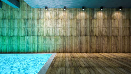 Illustration 3ds rendered, Room interior with wooden wall and floor which have reflection from water...