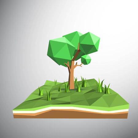 Vector 3ds low polygon tree and grasses on fieldのイラスト素材