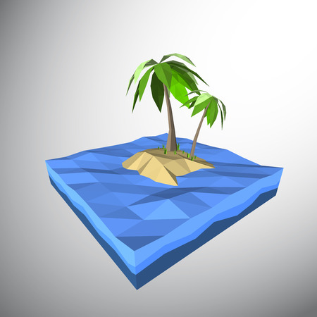 Vector, Low polygon 3D palm tree on lonely island in the oceanのイラスト素材