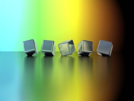 Rendered image of 3D stainless steel cube which have hair line finished placed on a glossy surface....