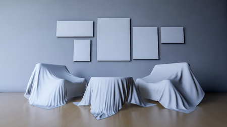 3Ds rendered image of round table and sofa that covered by fabric, white color blank photo frame on the wallの写真素材