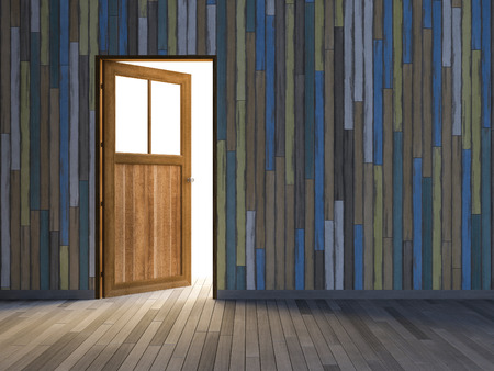 3Ds rendered image of wooden door and old colorful wooden wall and wooden floorの写真素材