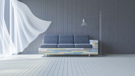 3ds rendered image of living room which have dark gray wooden wall  and white wooden floor and...