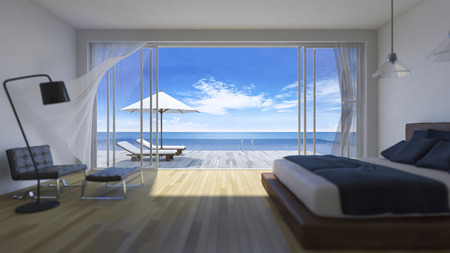 3D rendering image of bed room which have day bed  and umbrella on wooden terrace, sea view, infinity swimming pool, depth of field techniqueの写真素材