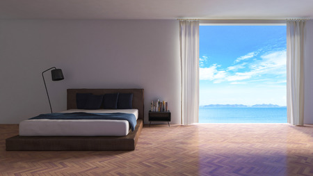 3ds rendered image of seaside room , White fabric window blinds, white cracked concrete wall, bed, book shelf  and lamp on parquet herringbone pattern laminate floorの写真素材