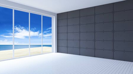 3d rendering image of  simple style seaside room, sunlight from window and shadow on the floor, drak...