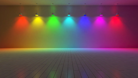 3D renderuing image of 7 hanging lamps which use different bulbs. spectrum color on the cracked concrete wall and wooden floorの写真素材