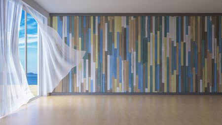 3d rendering image of  simple style room,  White fabric curtains being blown by wind from sea, sunlight from window and shadow on the floor, old colorful wooden wallの写真素材